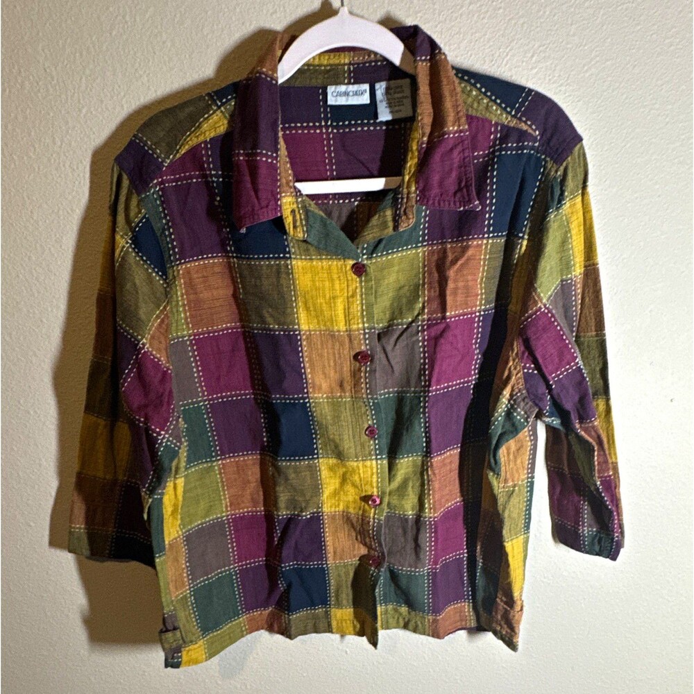 Cabin Creek Women’s Plaid Button-Up Blouse Collared 3/4 Sleeve XL Cotton